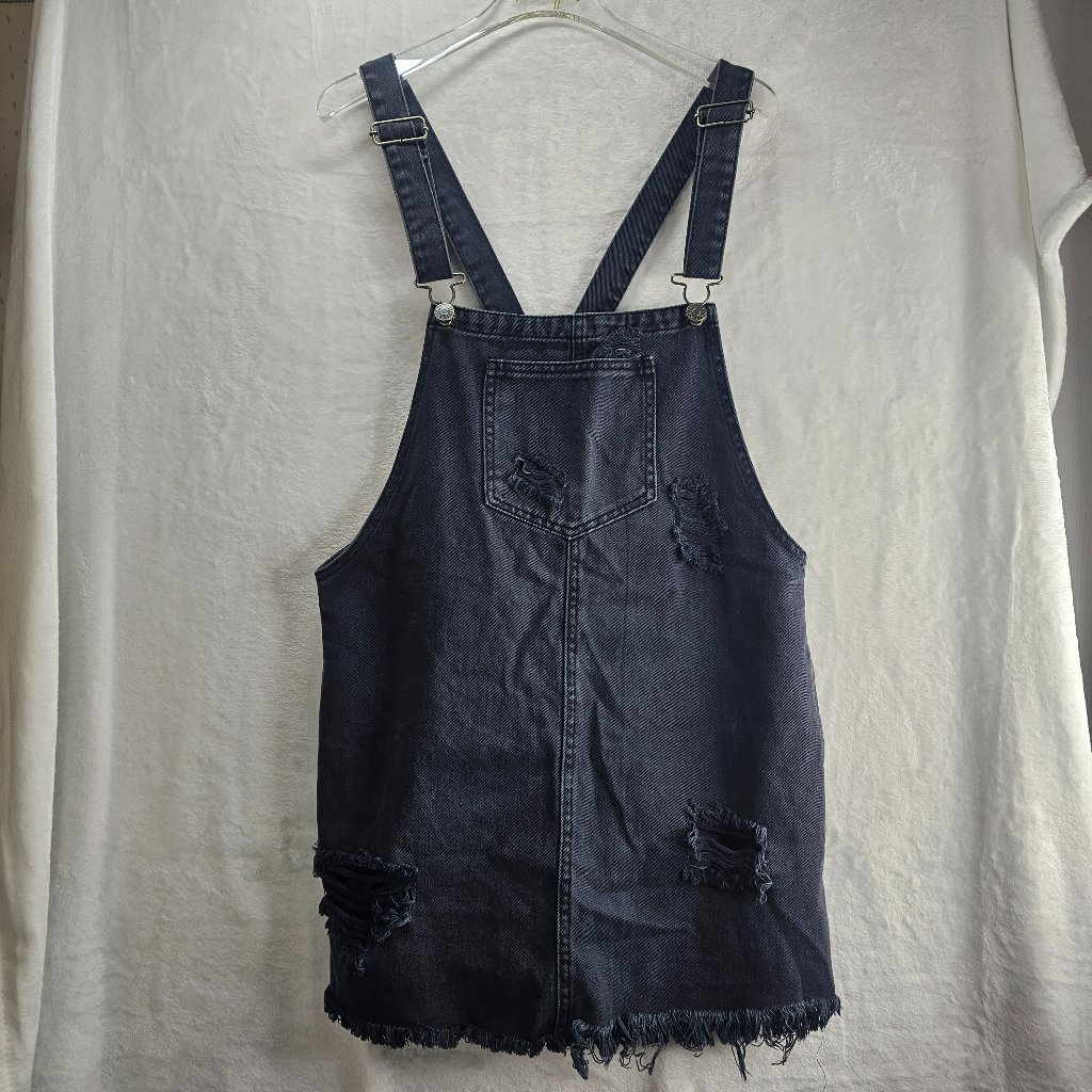 Cello Distressed Denim Jean Mini Dress Overall Black Side Pockets Size L